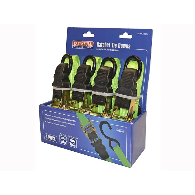 Faithfull Ratchet Tie-Downs 5m x 25mm Green 4 Piece - FAITDRATSET4