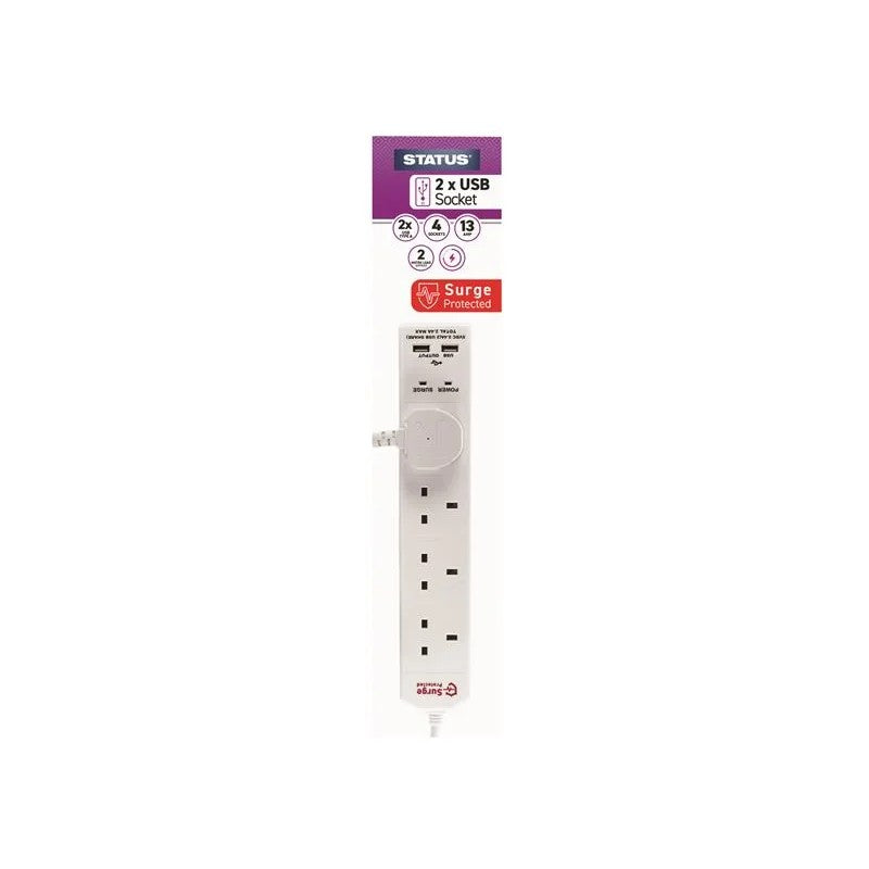 Status International® Extension Lead 240V 4-Gang + 2 USB 13A 2m White