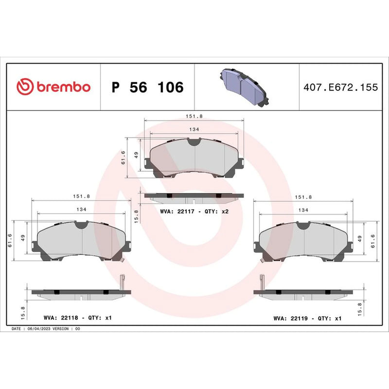 Brembo 4 x Front Brake Pad Set P56106