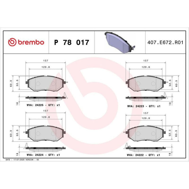 Brembo 4 x Front Brake Pad Set P78017