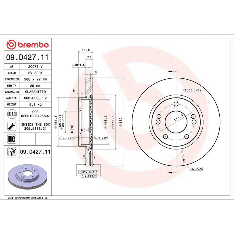 Brembo 2 x Internally Vented Front Brake Discs 09.D427.11
