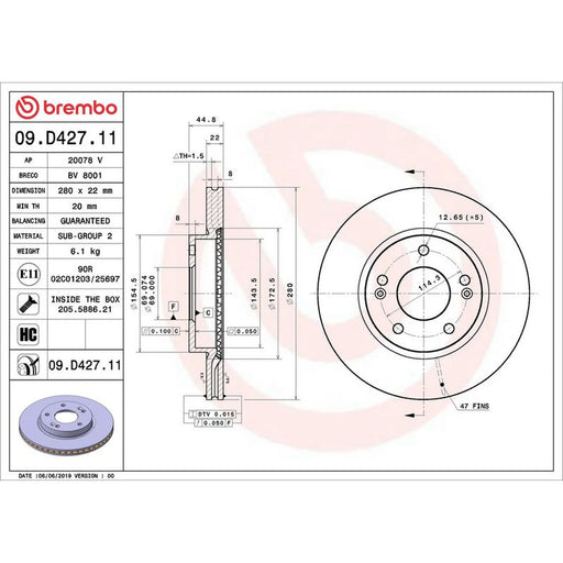 Brembo 2 x Internally Vented Front Brake Discs 09.D427.11