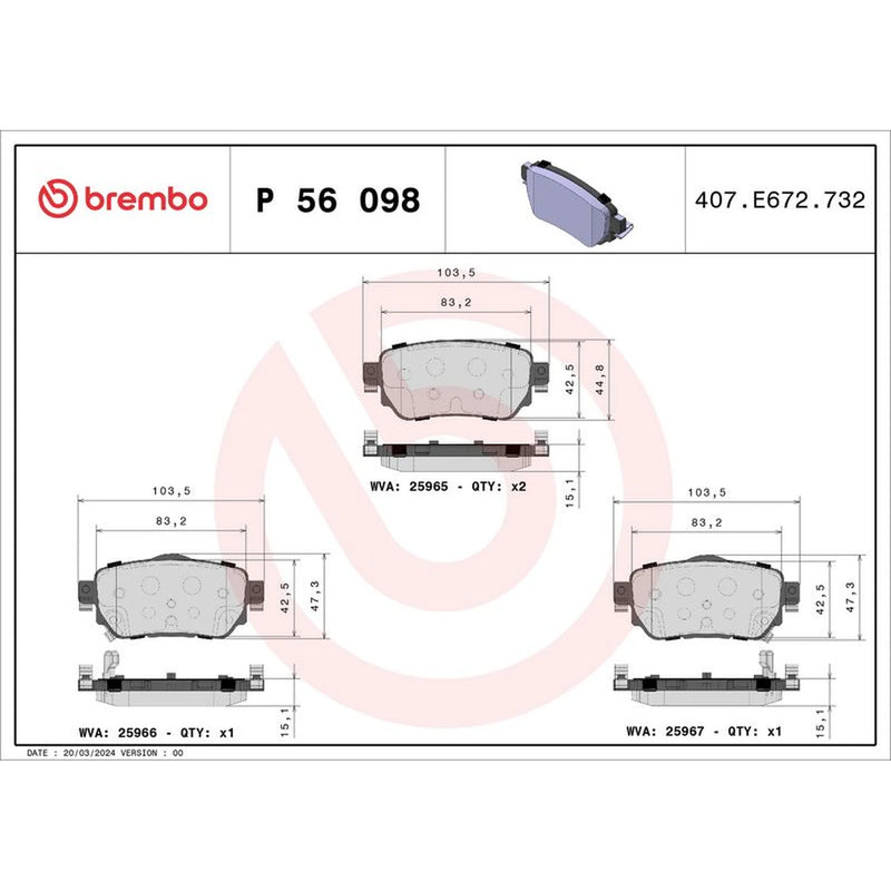 Brembo 4 x Rear Brake Pad Set P56098