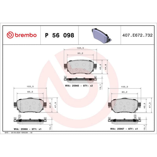 Brembo 4 x Rear Brake Pad Set P56098