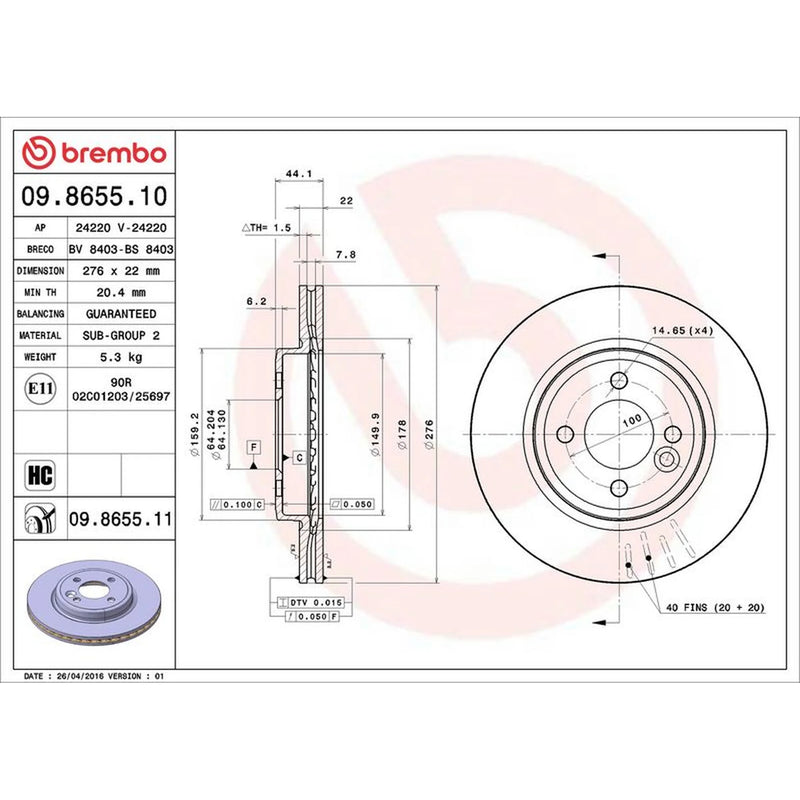 Brembo 2 x Internally Vented Front Brake Discs 09.8655.11