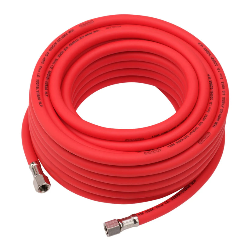 Draper High Visibility Hybrid Air Hose, 15m x 1/4" BSP, Red