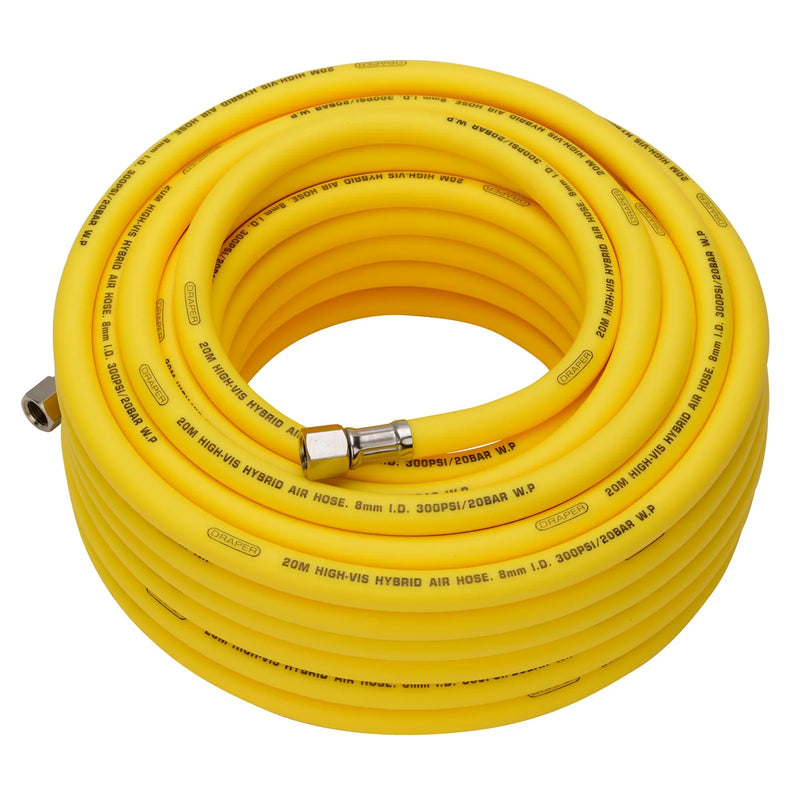 Draper High Visibility Hybrid Air Hose, 20m, 1/4" BSP, Yellow