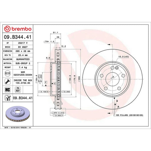 Brembo 2 x Internally Vented Front Brake Discs 09.B344.41