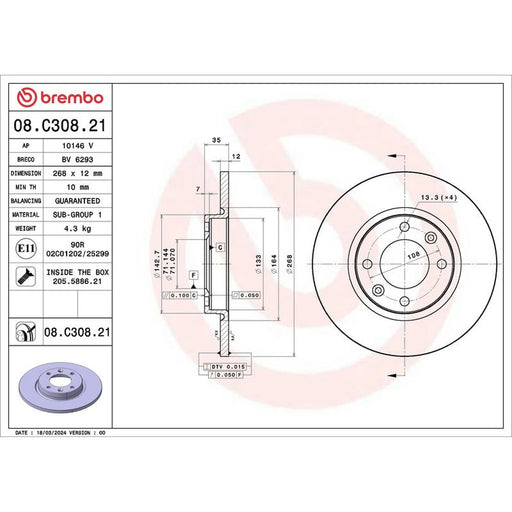 Brembo 2 x Solid Rear Brake Discs 08.C308.21
