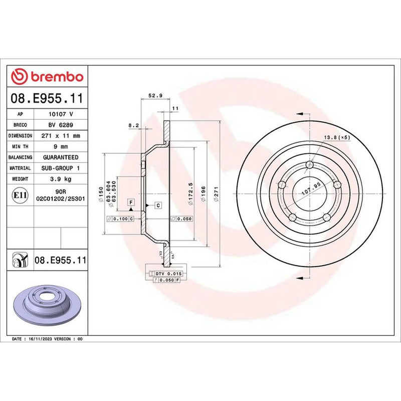 Brembo 2 x Solid Rear Brake Discs 08.E955.11