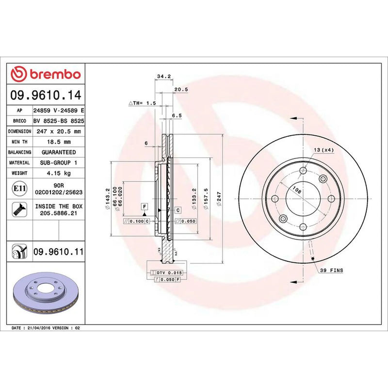 Brembo 2 x Internally Vented Front Brake Discs 09.9610.11