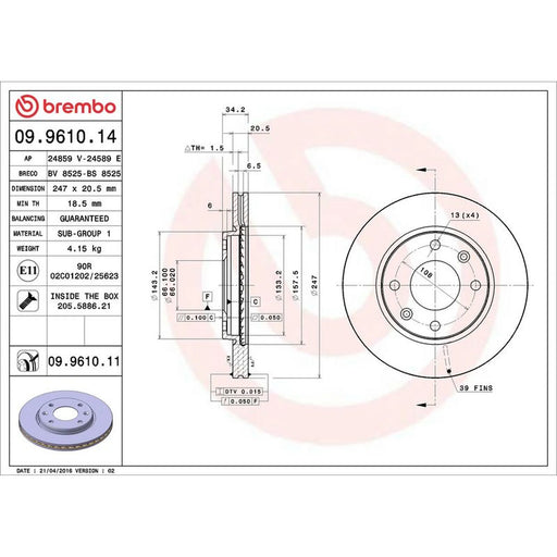 Brembo 2 x Internally Vented Front Brake Discs 09.9610.11