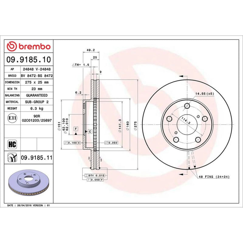 Brembo 2 x Internally Vented Front Brake Discs 09.9185.11