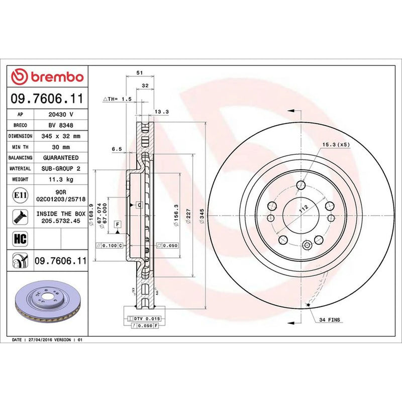 Brembo 2 x Internally Vented Front Brake Discs 09.7606.11