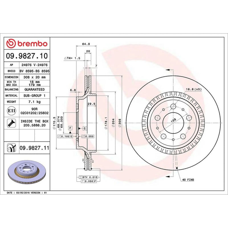 Brembo 2 x Internally Vented Rear Brake Discs 09.9827.11