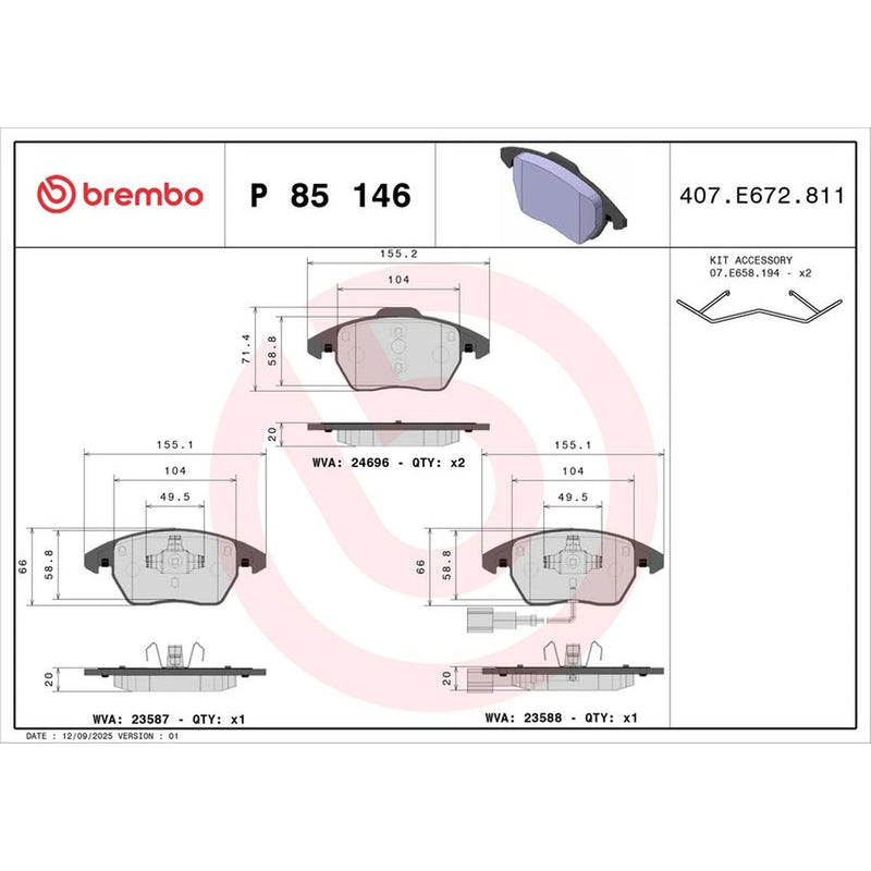 Brembo 4 x Front Brake Pad Set P85146