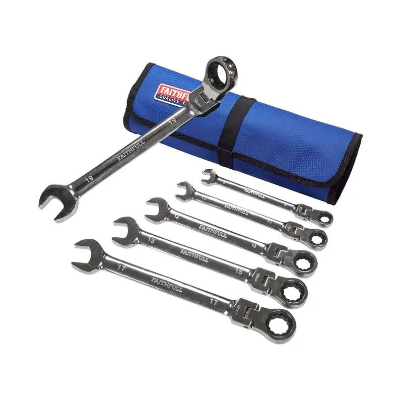 Faithfull Ratchet Combination Spanner Set in Tool Roll, 6 Piece - FAISPARAT6SR