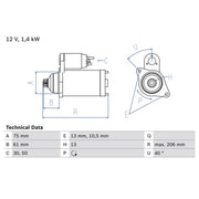 Bosch Starter Motor 12V 1.3kW 13 Teeth 0 986 029 000