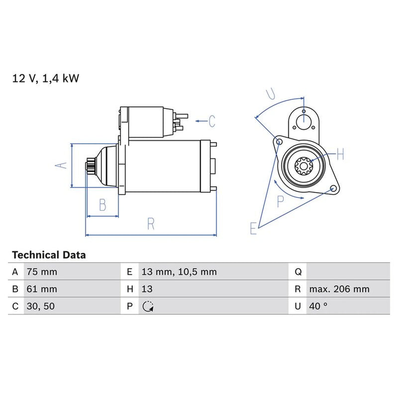 Bosch Starter Motor 12V 1.3kW 13 Teeth 0 986 029 000