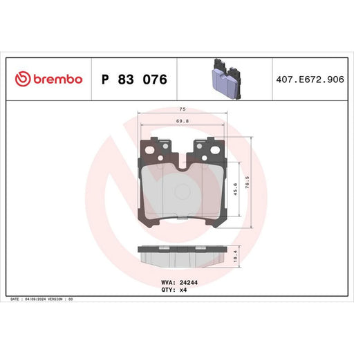 Brembo 4 x Rear Brake Pad Set P83076