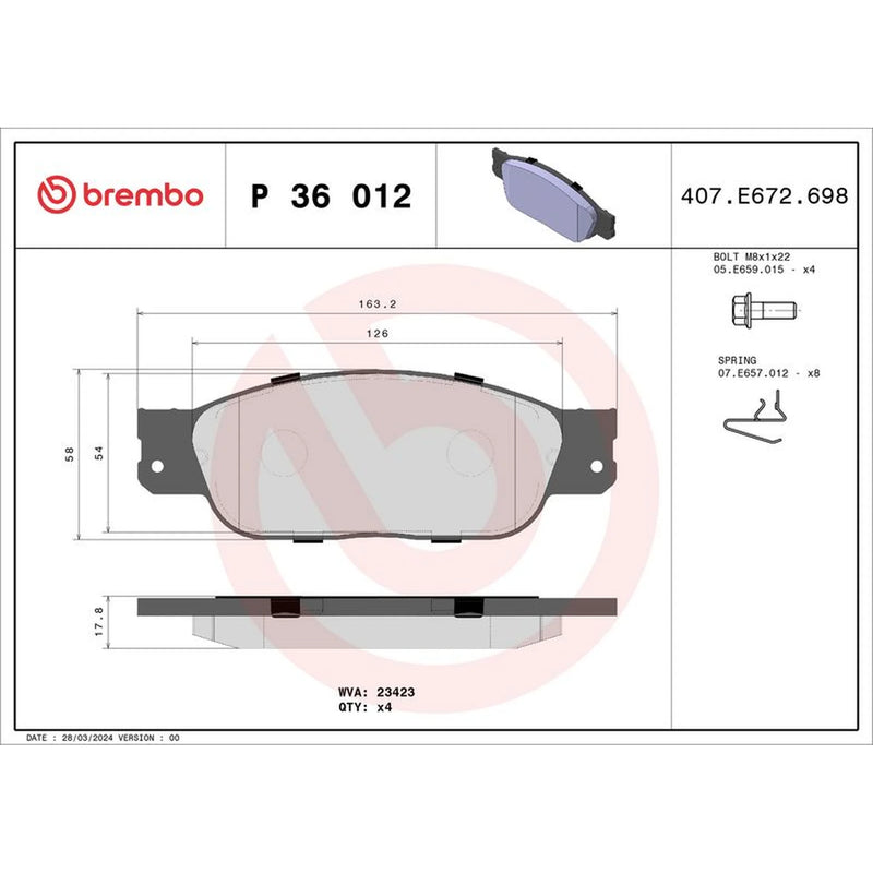 Brembo 4 x Front Brake Pad Set P36012