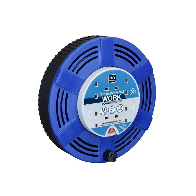 Masterplug Cassette Cable Reel 240V 10A 4-Socket Thermal Cut-Out Blue 15m