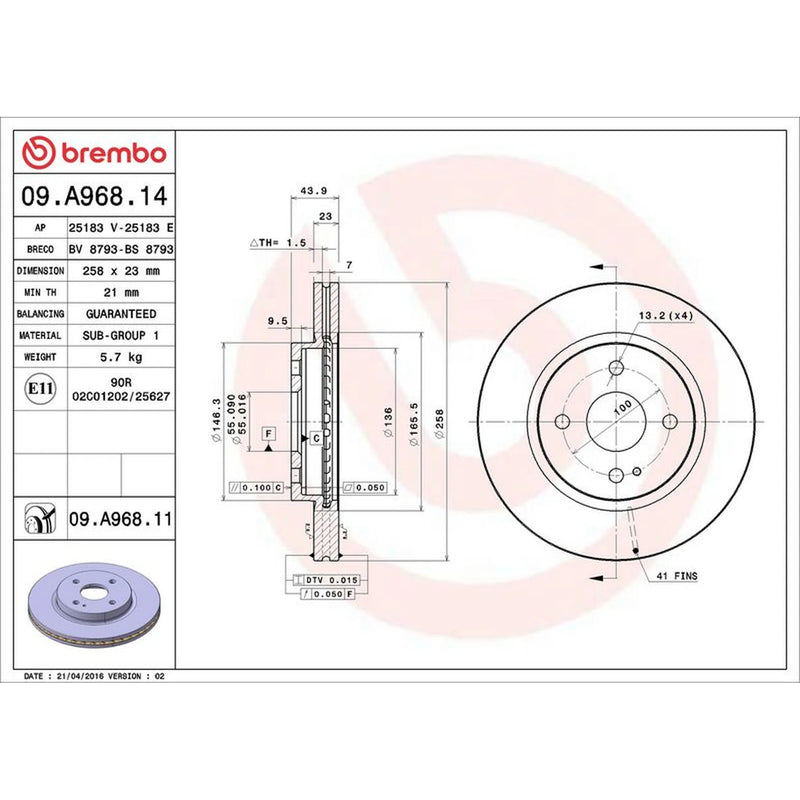 Brembo 2 x Internally Vented Front Brake Discs 09.A968.11