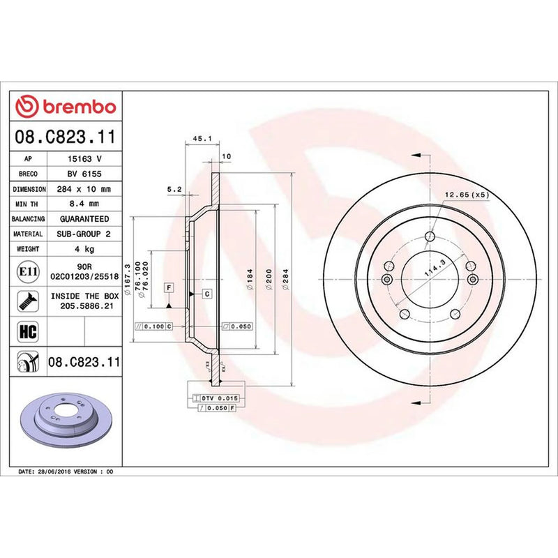 Brembo 2 x Solid Rear Brake Discs 08.C823.11