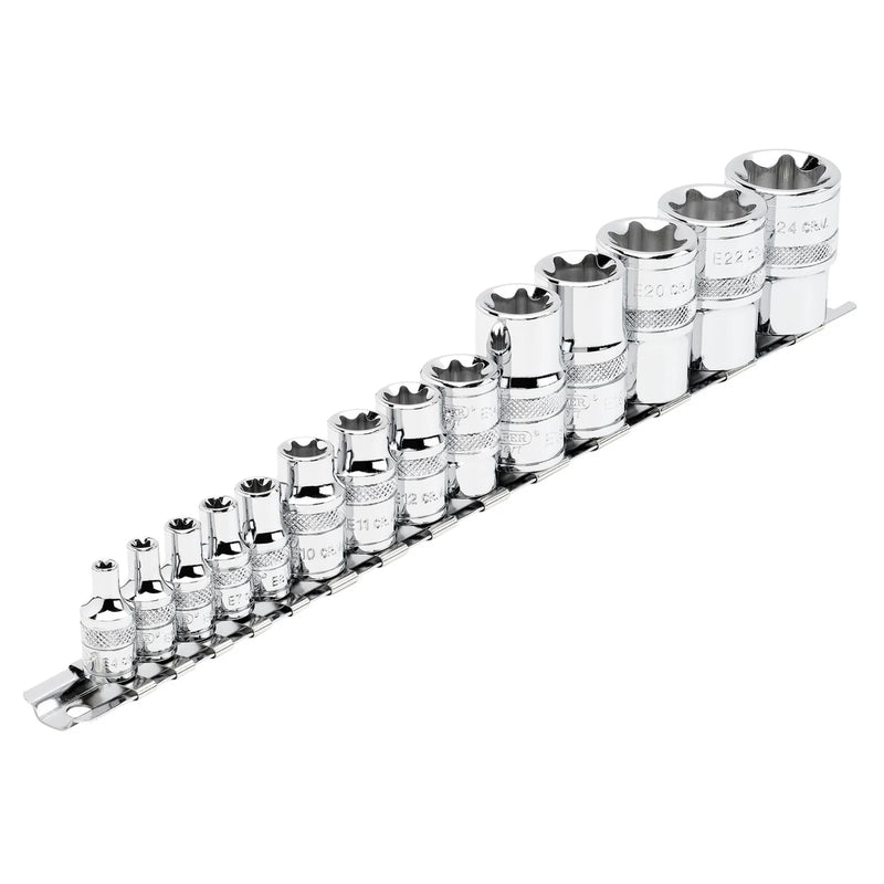 Draper Expert Socket Set on Rail, 14 Piece, 1/4" 3/8" 1/2" Dr.