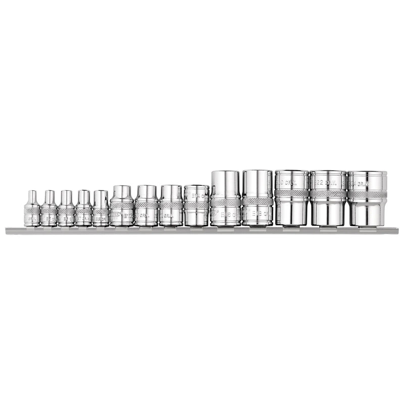 Draper Expert Socket Set on Rail, 14 Piece, 1/4" 3/8" 1/2" Dr.