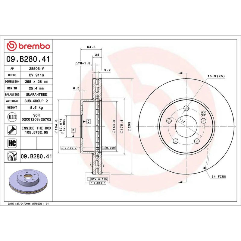 Brembo 2 x Internally Vented Front Brake Discs 09.B280.41