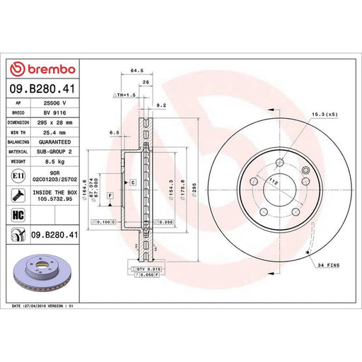 Brembo 2 x Internally Vented Front Brake Discs 09.B280.41