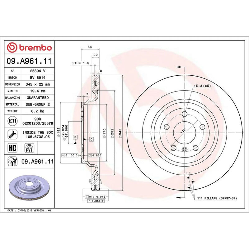 Brembo 2 x Internally Vented Rear Brake Discs 09.A961.11