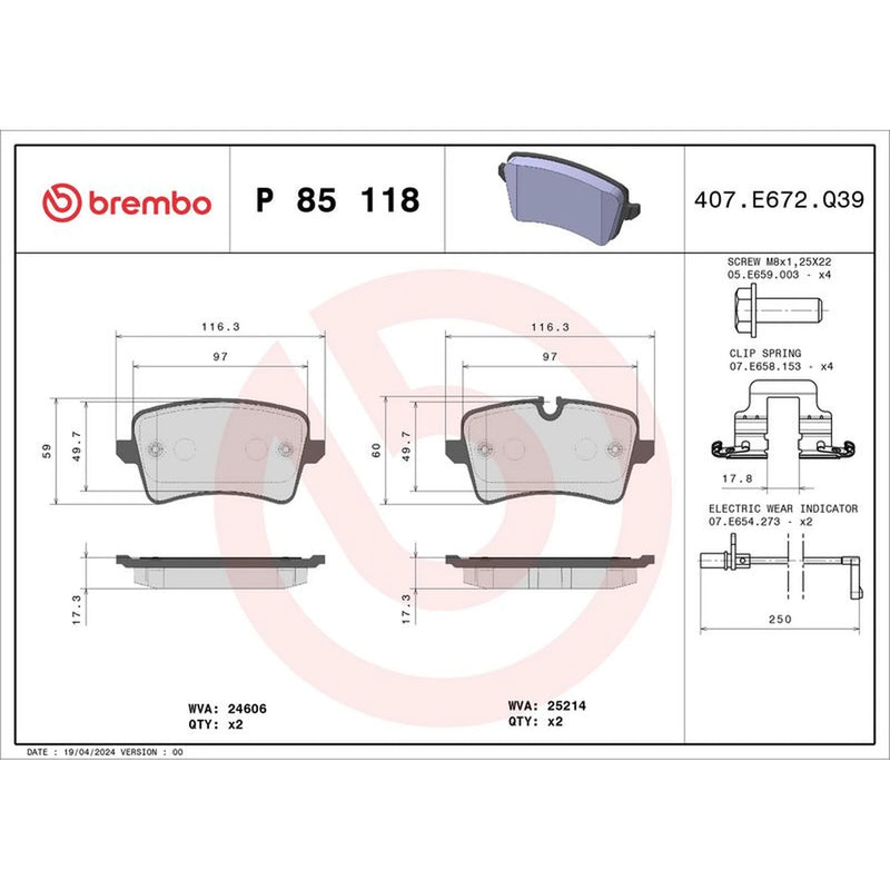 Brembo 4 x Rear Brake Pad Set P85118