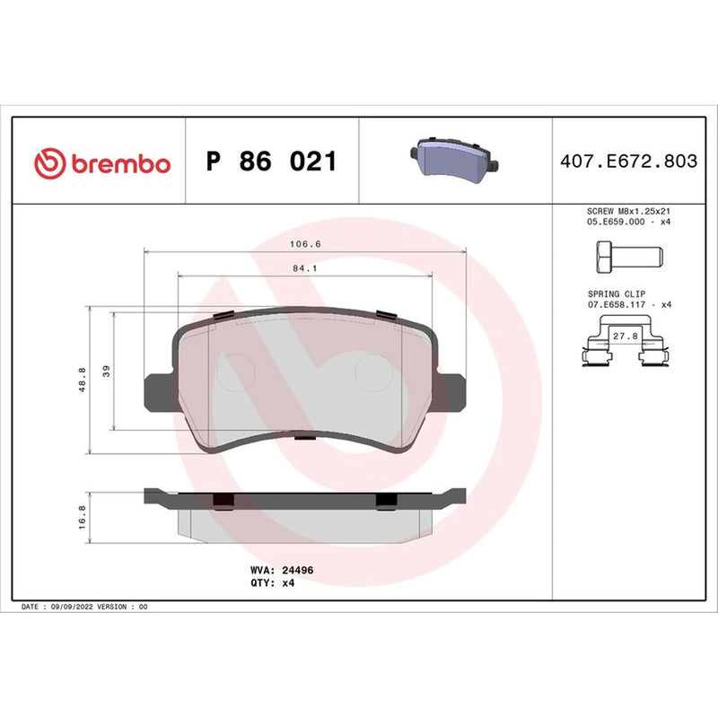 Brembo 4 x Rear Brake Pad Set P86021