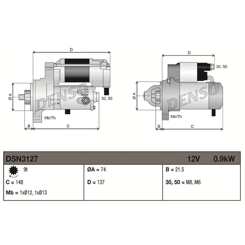 Denso Starter Motor 12V 0.9kW 9 Teeth DSN3127