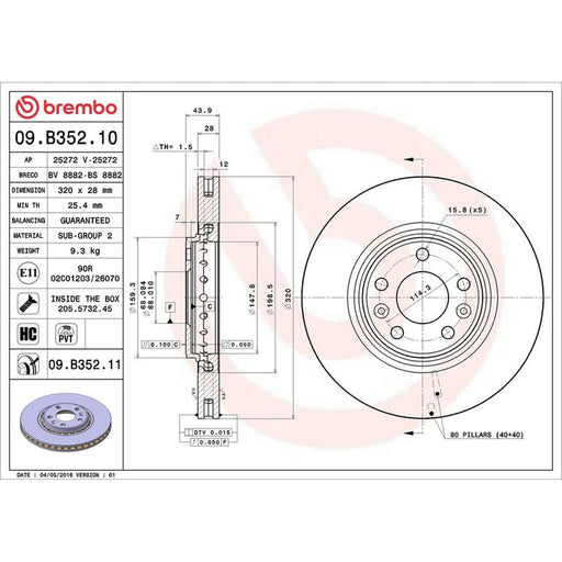 Brembo 2 x Internally Vented Front Brake Discs 09.B352.11