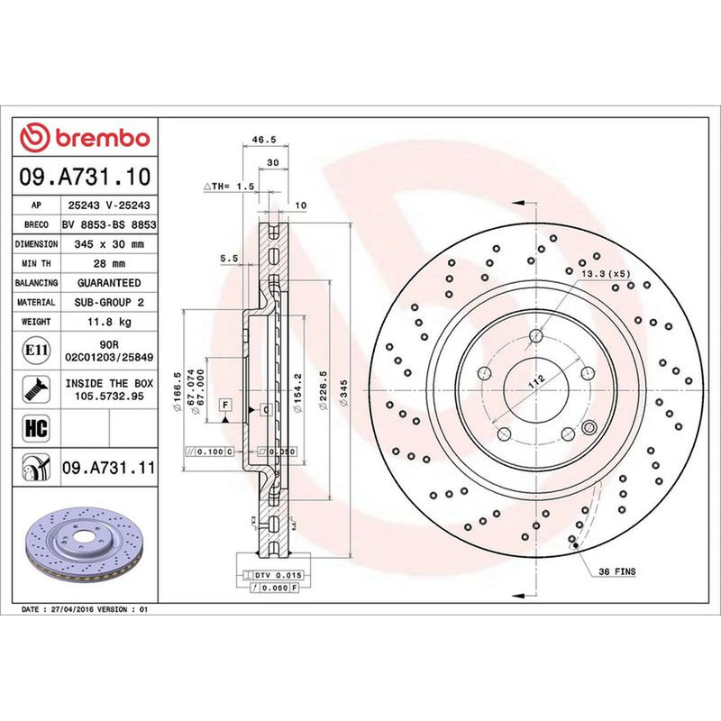 Brembo 2 x Perforated/Vented Front Brake Discs 09.A731.11