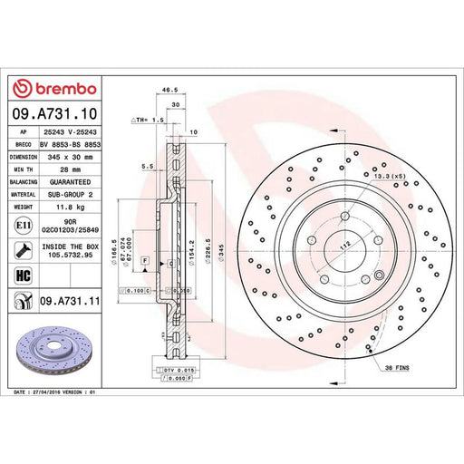 Brembo 2 x Perforated/Vented Front Brake Discs 09.A731.11