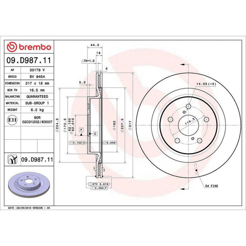 Brembo 2 x Internally Vented Rear Brake Discs 09.D987.11
