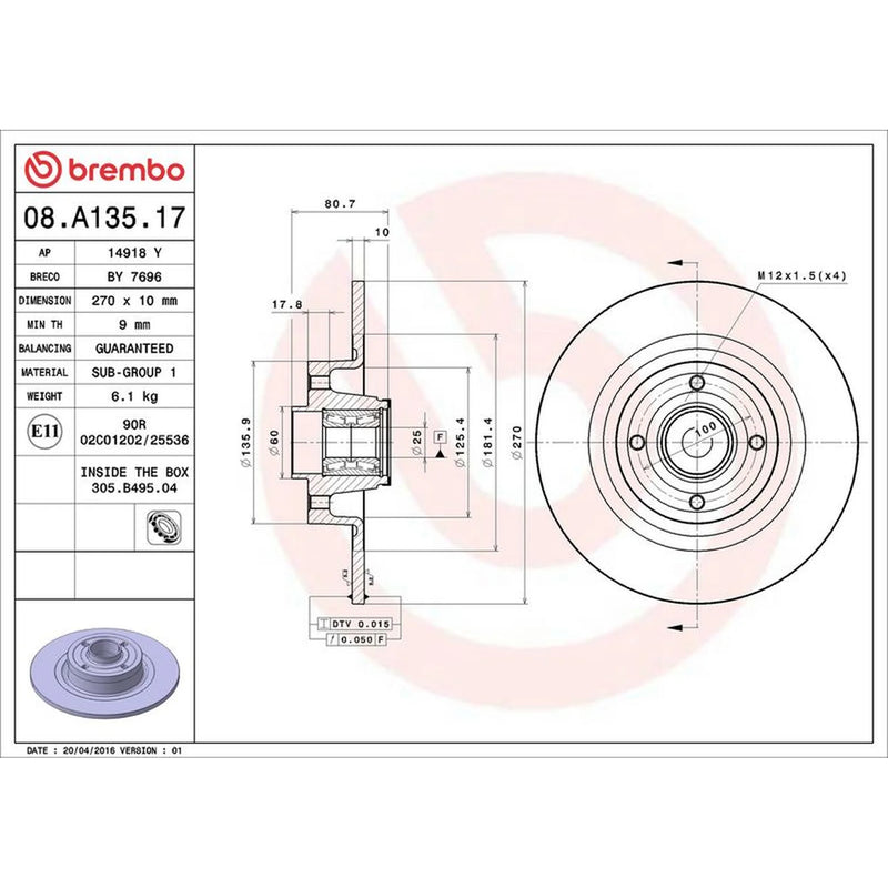 Brembo 2 x Solid Rear Brake Discs 08.A135.17