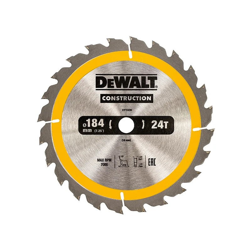 DEWALT Power Tools Portable Construction Circular Saw Blade 184 x 16mm x 24T
