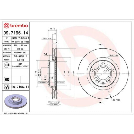 Brembo 2 x Front Brake Discs 09.7196.11