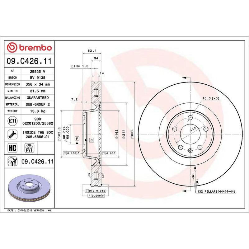 Brembo 2 x Internally Vented Front Brake Discs 09.C426.11