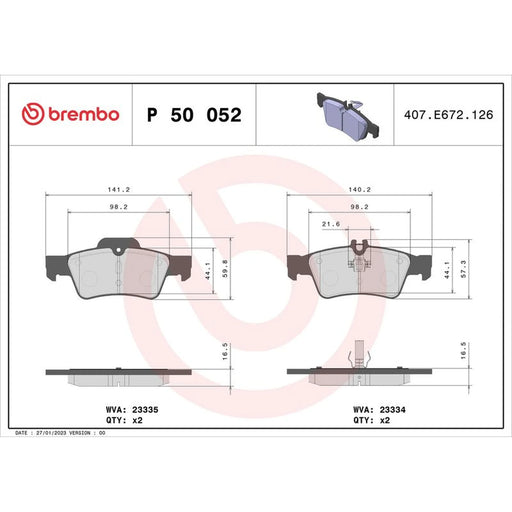 Brembo 4 x Rear Brake Pad Set P50052