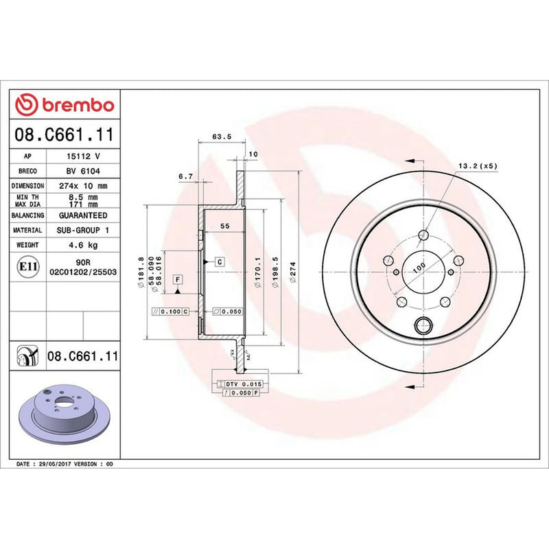 Brembo 2 x Solid Rear Brake Discs 08.C661.11