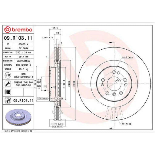 Brembo 2 x Internally Vented Front Brake Discs 09.R103.11
