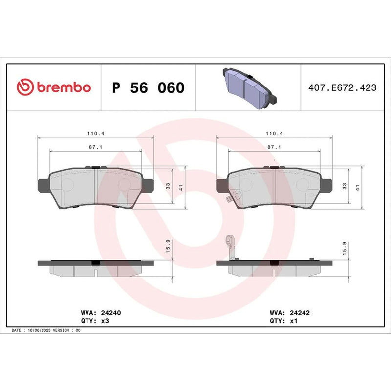 Brembo 4 x Rear Brake Pad Set P56060