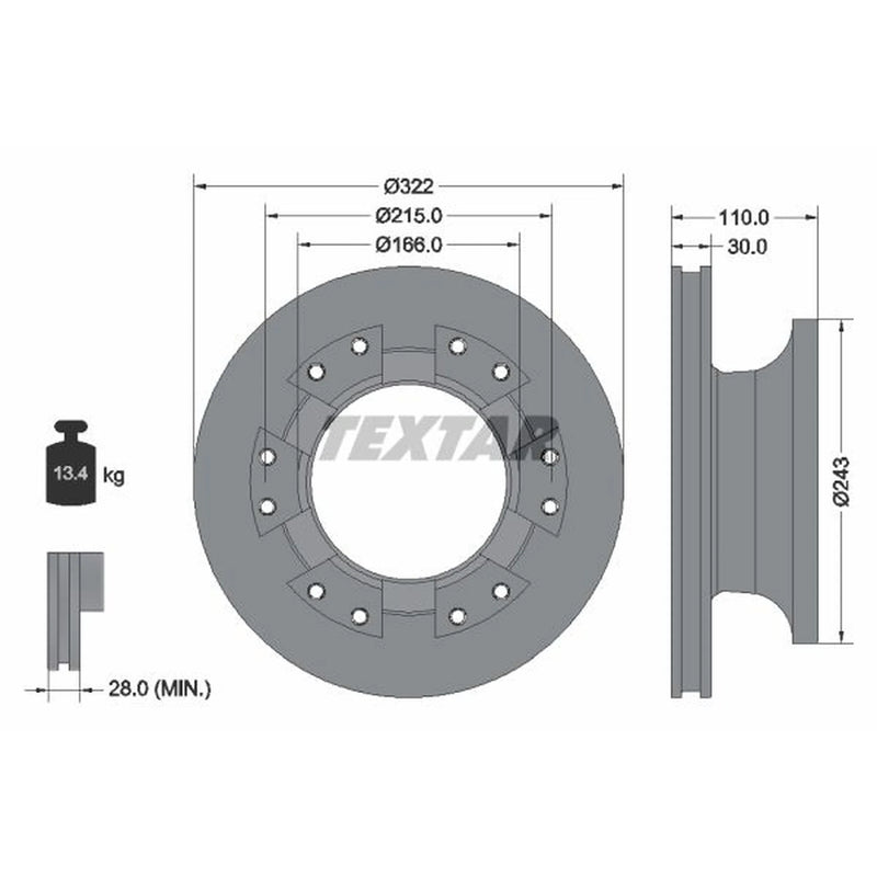 Textar 2 x Internally Vented Rear Brake Discs 93276100