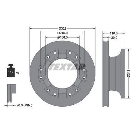Textar 2 x Internally Vented Rear Brake Discs 93276100